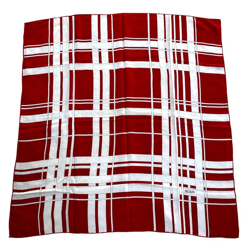Vintage 80's designer Bill Blass silk scarf red black & cream plaid 30" square